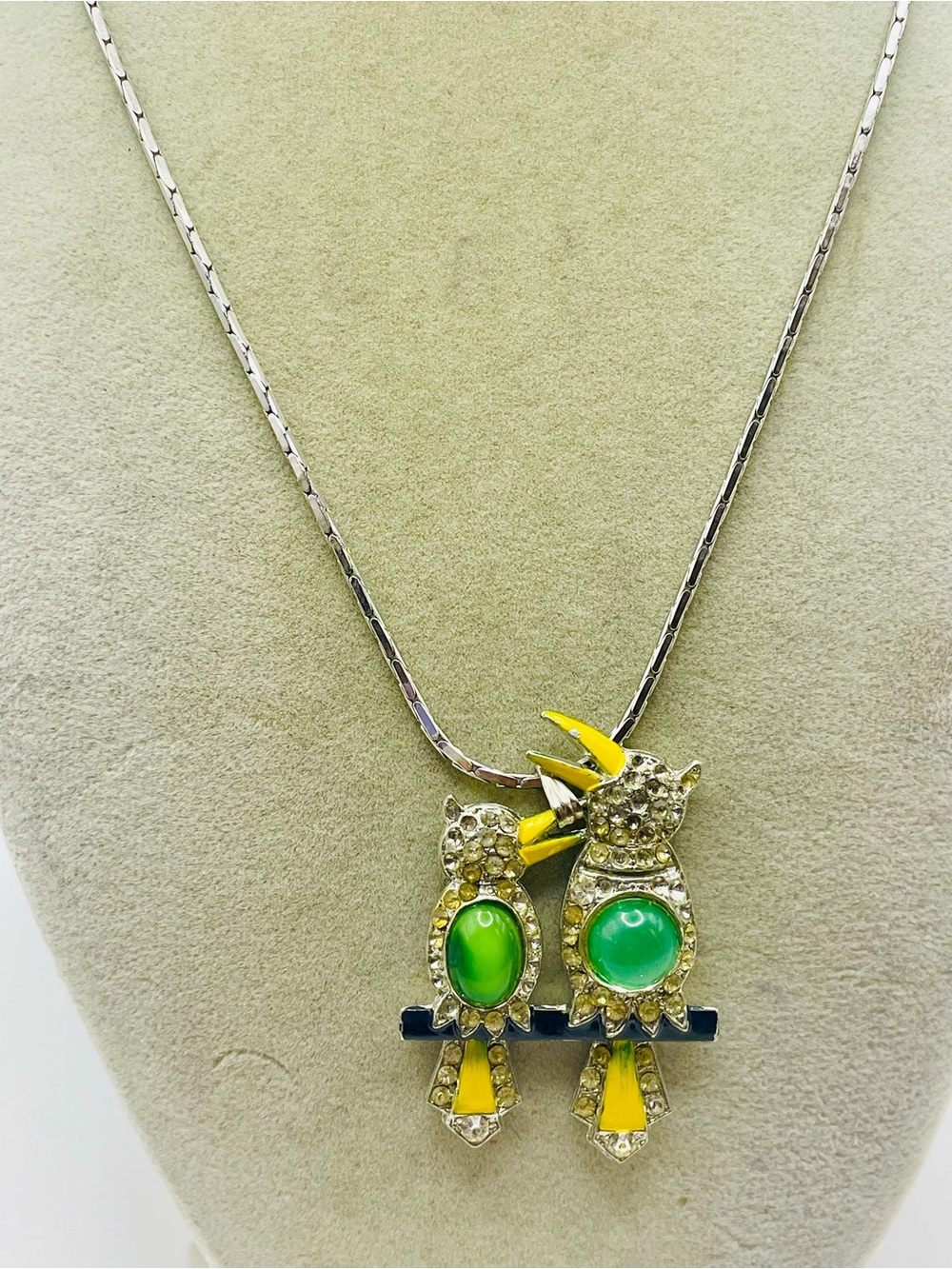 Green & Yellow Rhinestone and Enamel Bird Duo Pendant Necklace. 18KRGP. 19 inch